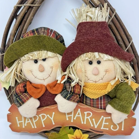 Vintage Happy Harvest Grapevine Fall Scarecrows Door Hanger‎ Wreath 16" - Picture 2 of 5